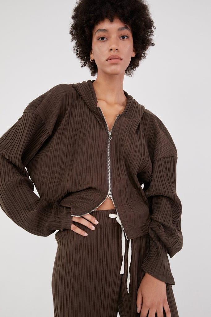 Hooded Pleat Zip Sweater