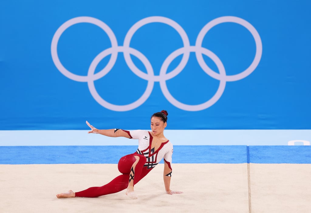 German Gymnast Kim Bui Wears a Unitard on Floor During Women's Tokyo Olympics Qualification
