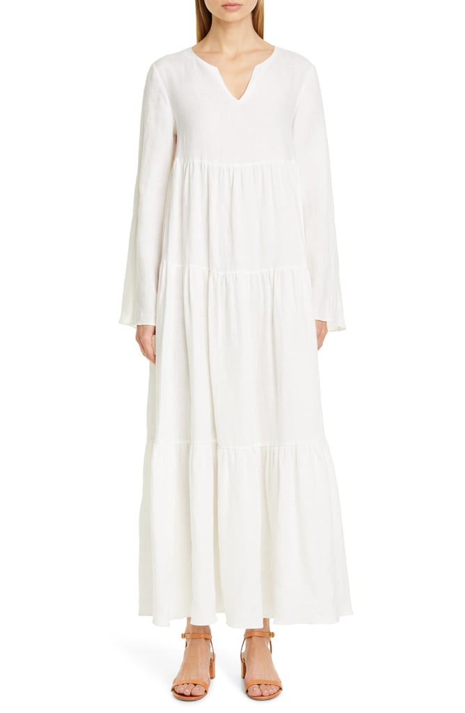 white linen long sleeve dress