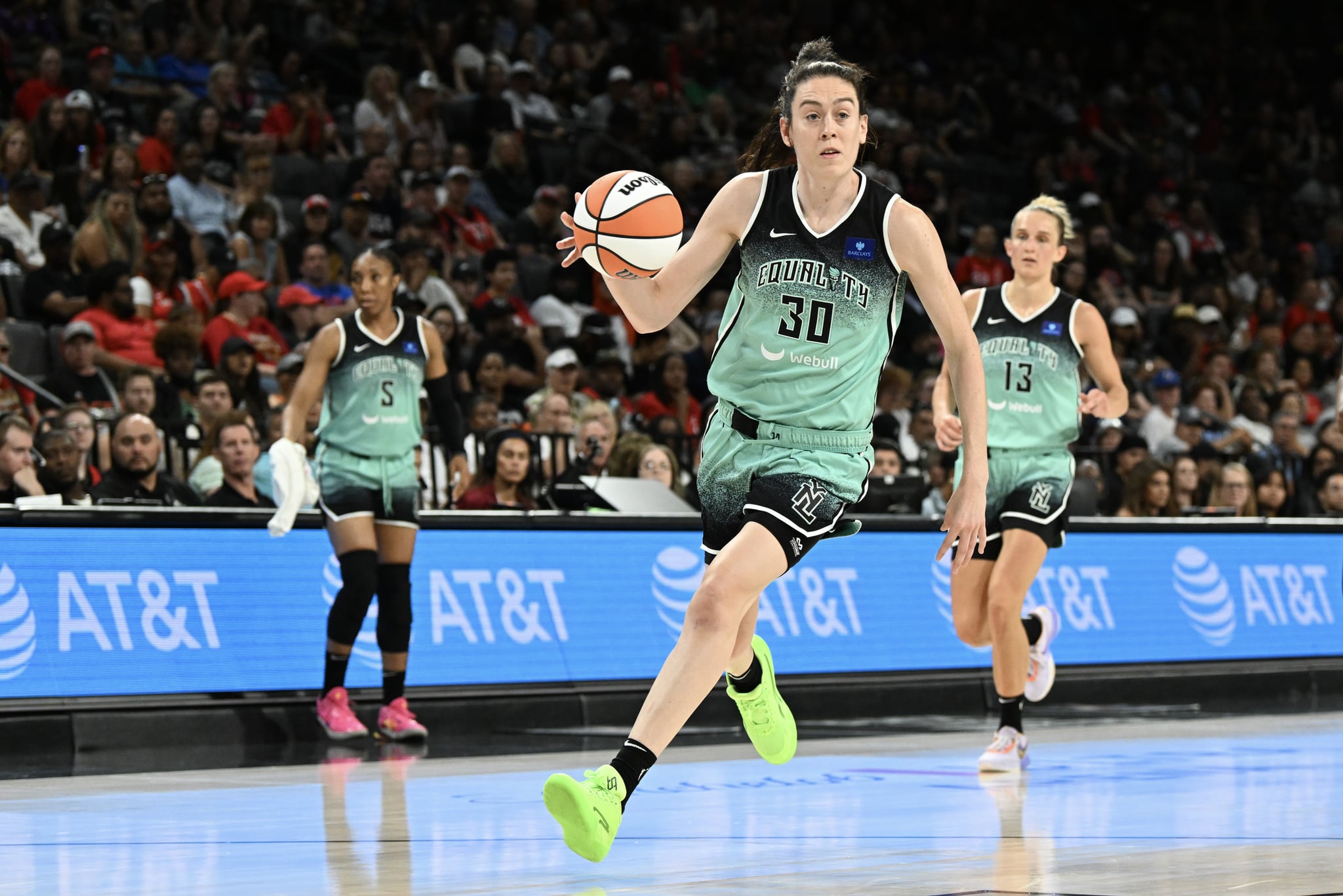 Breanna Stewart #30 of the New York Liberty dribbles the ball up the court against the Las Vegas Aces in the first half of the game at Michelob ULTRA Arena.