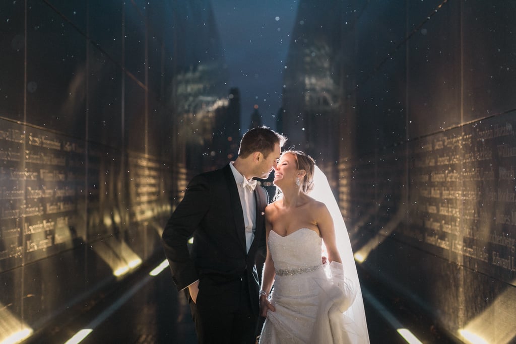 "They were married at Maritime Parc in Jersey City on Nov. 28. I'm not going to lie, these two were pretty disappointed with the rain and how quickly it became dark. Then they saw these photos and it was literally like they were in a twilight zone with the memorial really helping bounce the light!" — Mekina Saylor