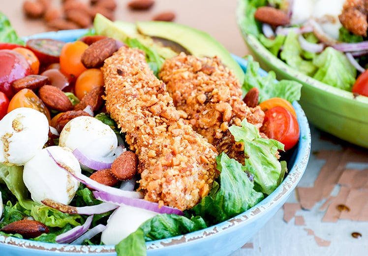 Sriracha Almond-Crusted Chicken Caprese Salad