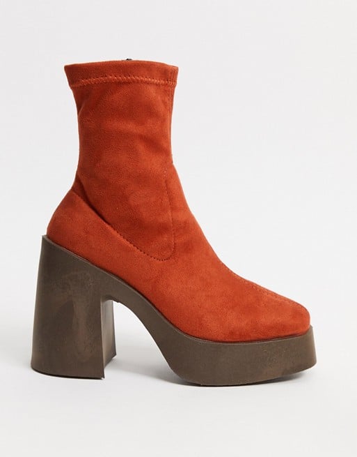 ASOS DESIGN Elsie high heeled sock boot in rust