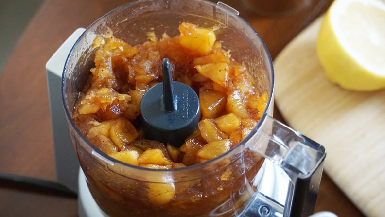 homemade kombucha apple sauce recipe step: pureeing apples in food processor