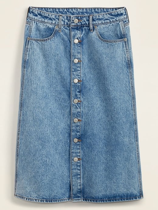 button front midi denim skirt