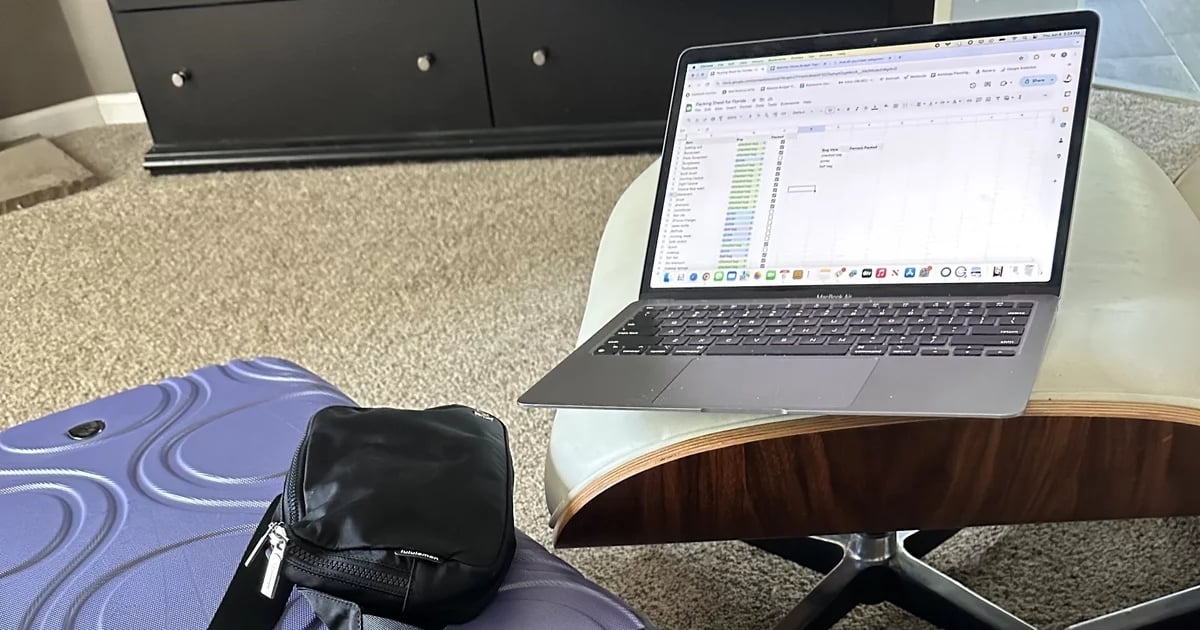 Image of Laptop With Spreadsheet and Purple Suitcase