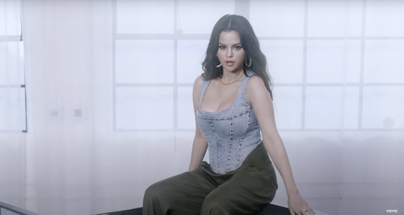 Selena Gomez's Miaou Denim Corset Top in the "Calm Down" Remix Video