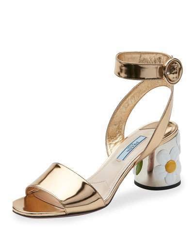 Prada Floral-Heel Ankle-Wrap Sandal