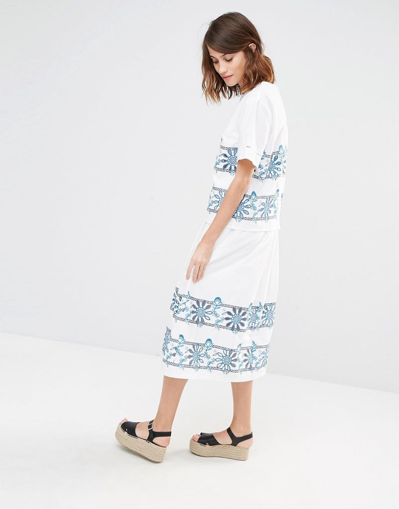 Warehouse Embroidered Cutowrk T-Shirt ($73) and Midi Skirt ($105)