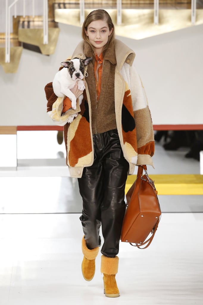 Gigi carried a puppy down the runway at the Tod's show.