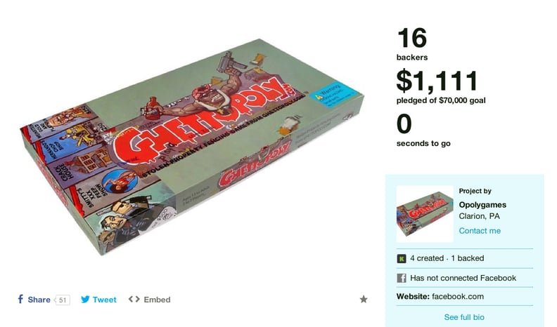 <a href="http://www.kickstarter.com/projects/208031047/ghettopoly-board-game-reprint-1000-copies-limited">Ghettopoly</a>