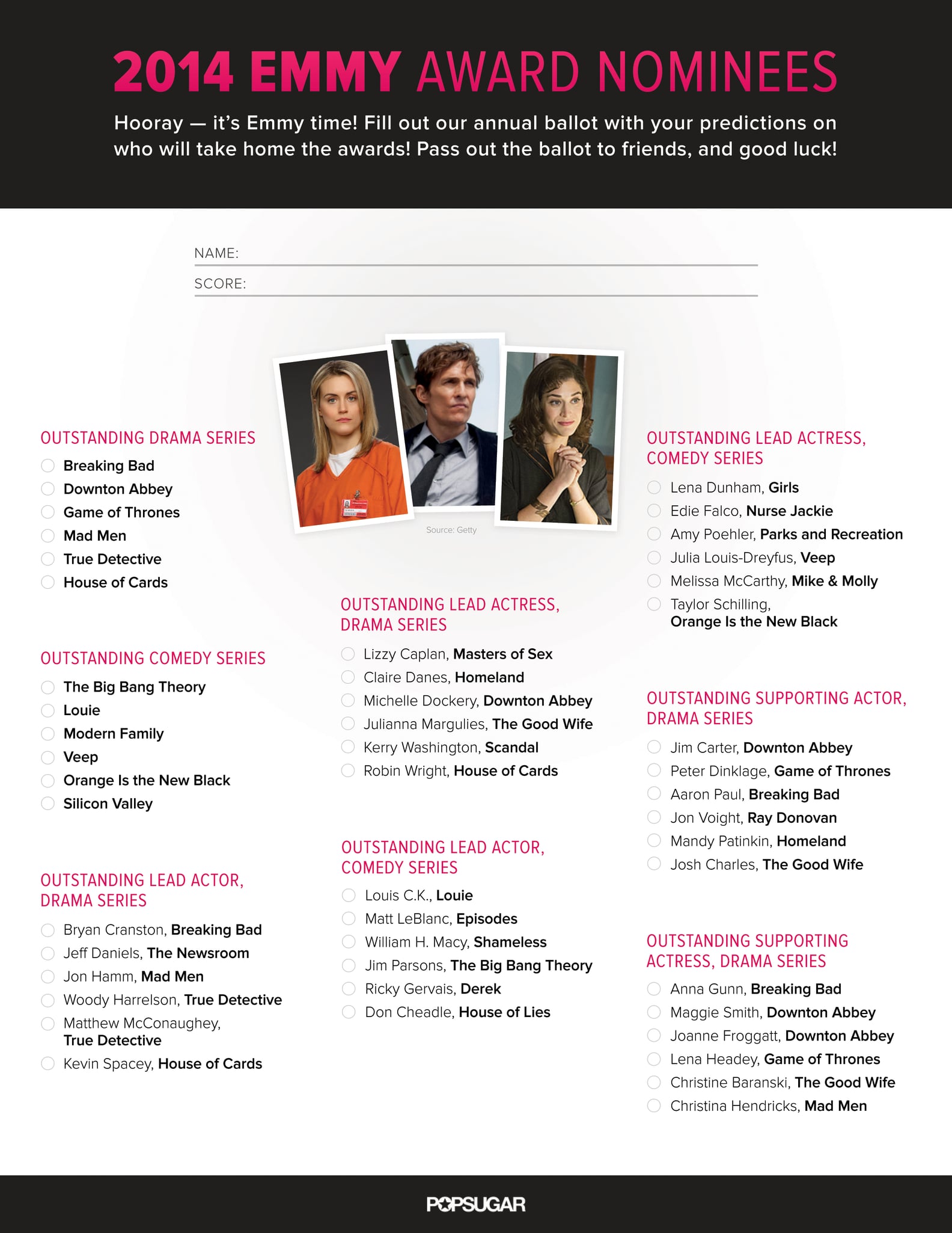 Printable Emmy Ballot 2014 | PS Entertainment
