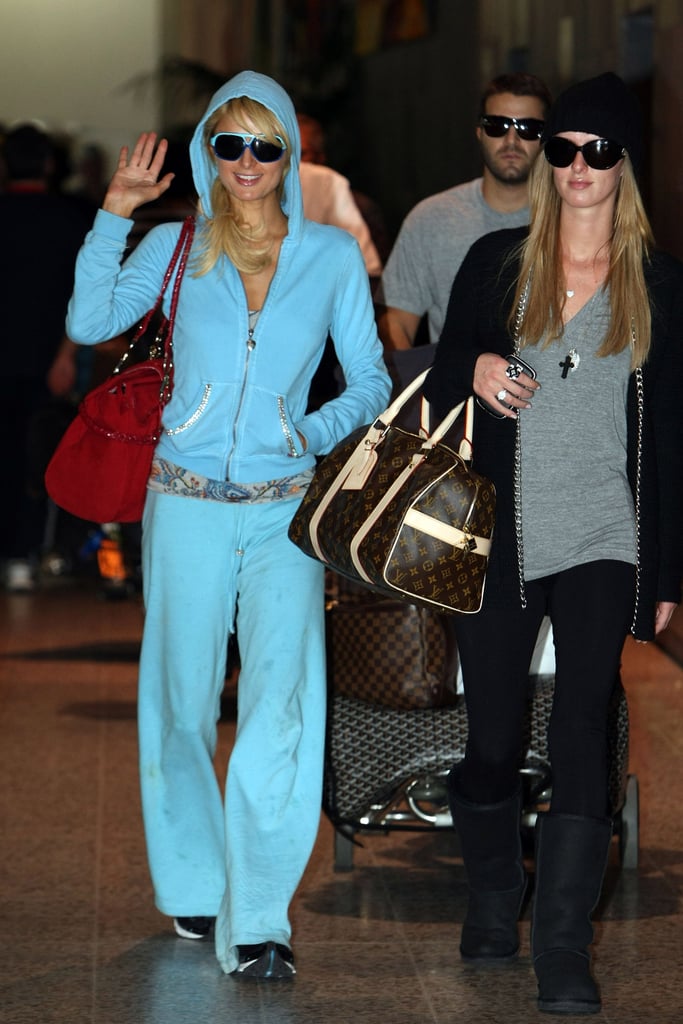 Paris arrived at the Melbourne Airport in Australia with her sister, Nicky Hilton, on Dec. 29, 2008, wearing an aqua tracksuit.
