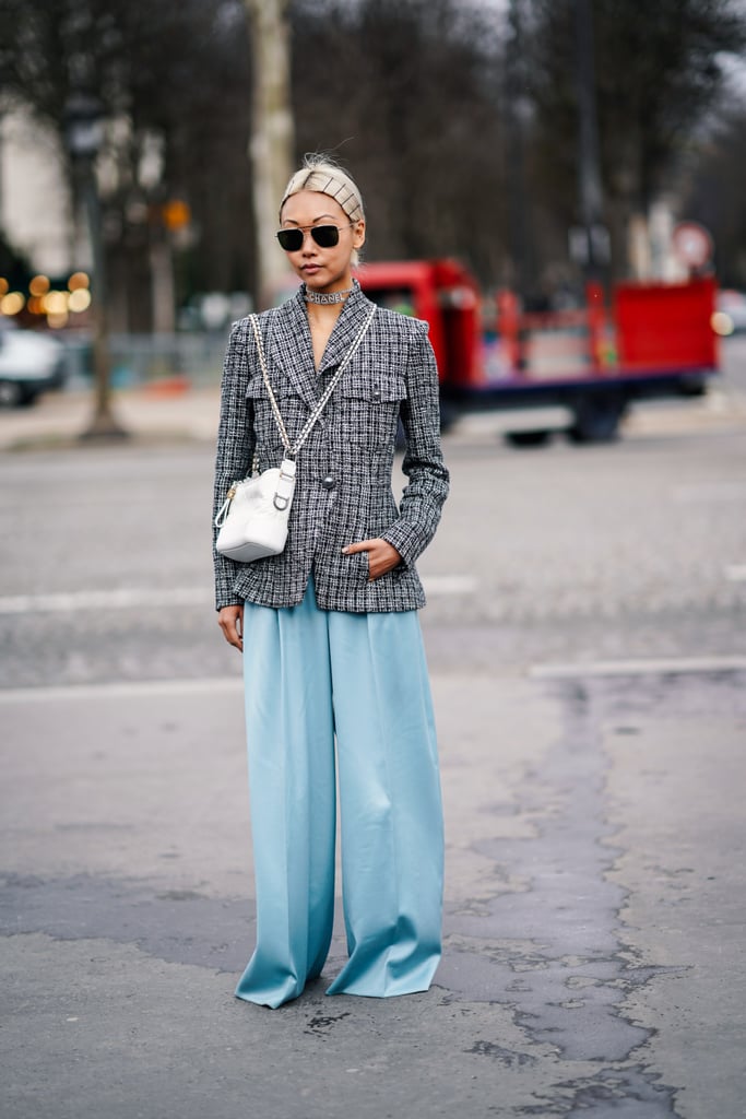 A tweed blazer makes silky wide legs office-appropriate.