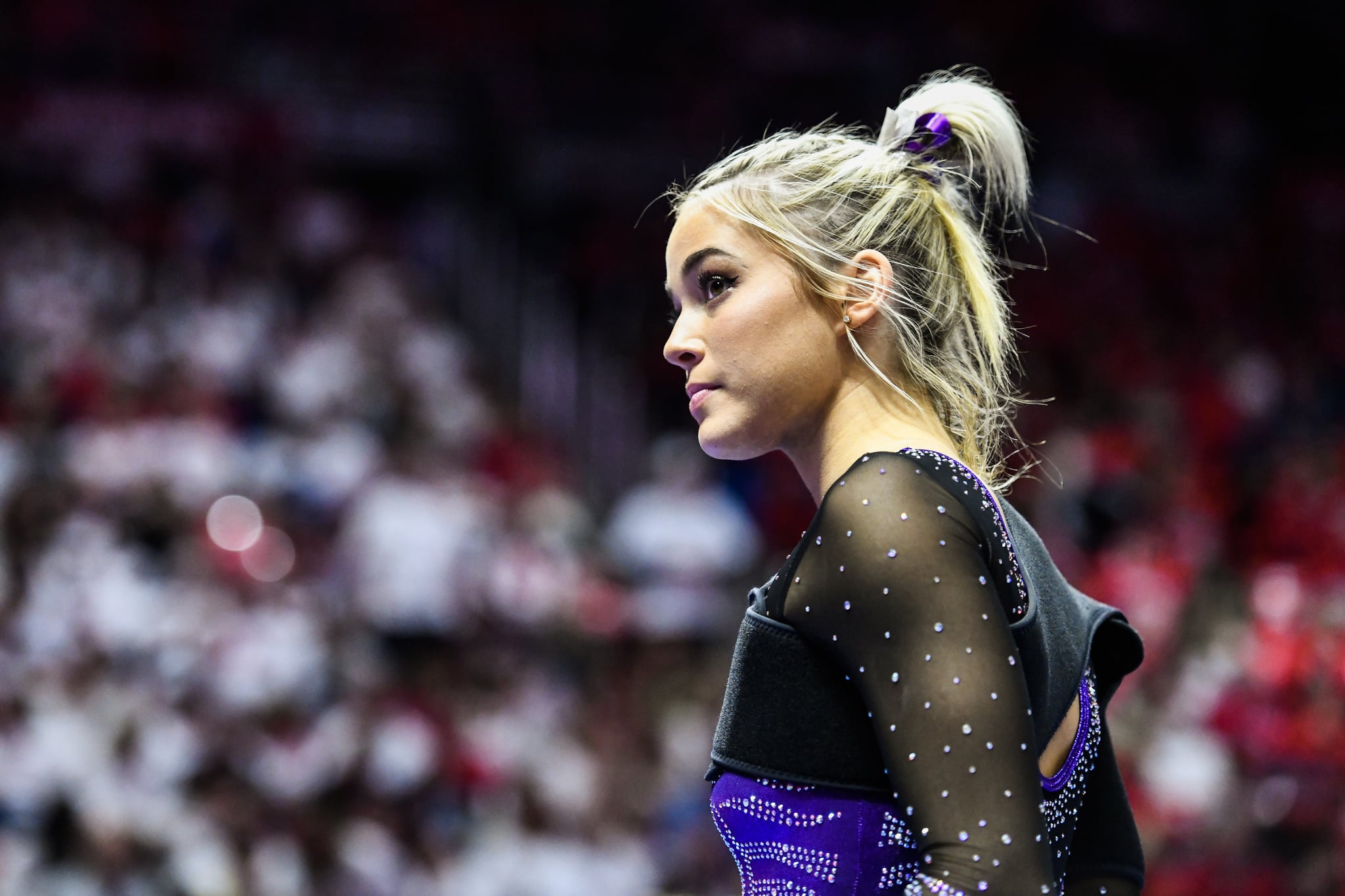 SALT LAKE CITY, UTAH - JANUARY 06: Olivia Dunne of LSU looks on during a PAC-12 meet against Utah at Jon M. Huntsman Center on January 06, 2023 in Salt Lake City, Utah. (Photo by Alex Goodlett/Getty Images)