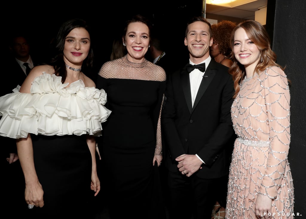 Pictured: Rachel Weisz, Olivia Colman, Andy Samberg, and Emma Stone