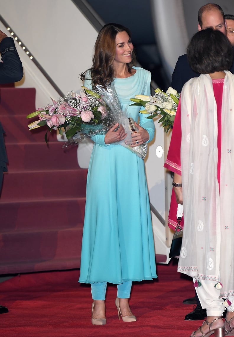 Kate Middleton Wearing a Blue Catherine Walker Dress in Pakistan