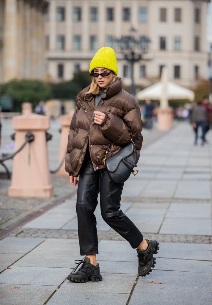 Winter Outfit Idea: A Neutral Puffer, Leather Pants, and a Beanie