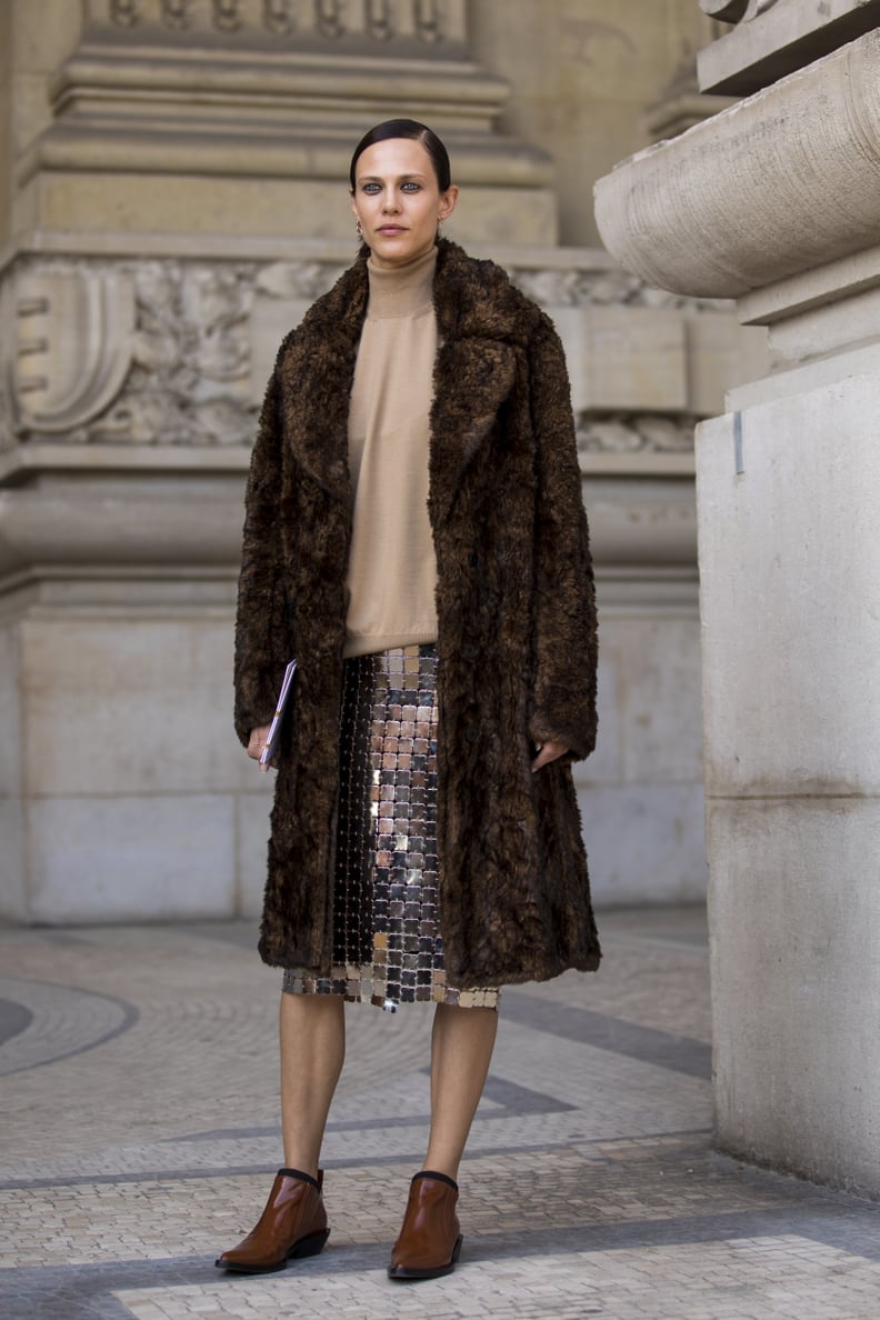 Style a Sequined Skirt With a Fuzzy Coat
