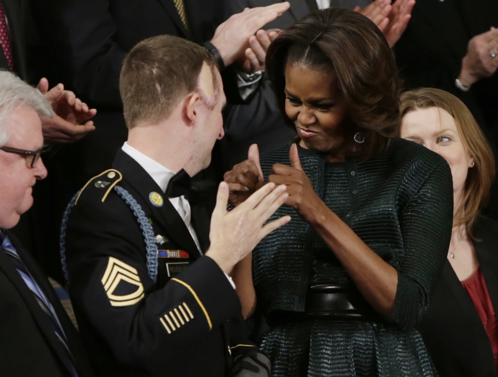 Michelle Obama gave a thumbs-up to US Army Ranger Sgt. First Class Cory Remsburg, who was injured while serving in Afghanistan.