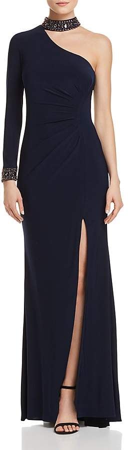 Avery G Choker-Neck One-Shoulder Gown