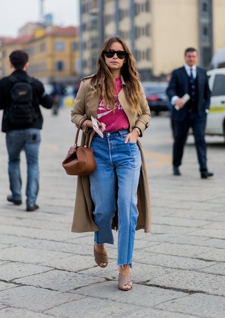 With a simple tee and a chic trench | Jeans Outfit Ideas | POPSUGAR ...