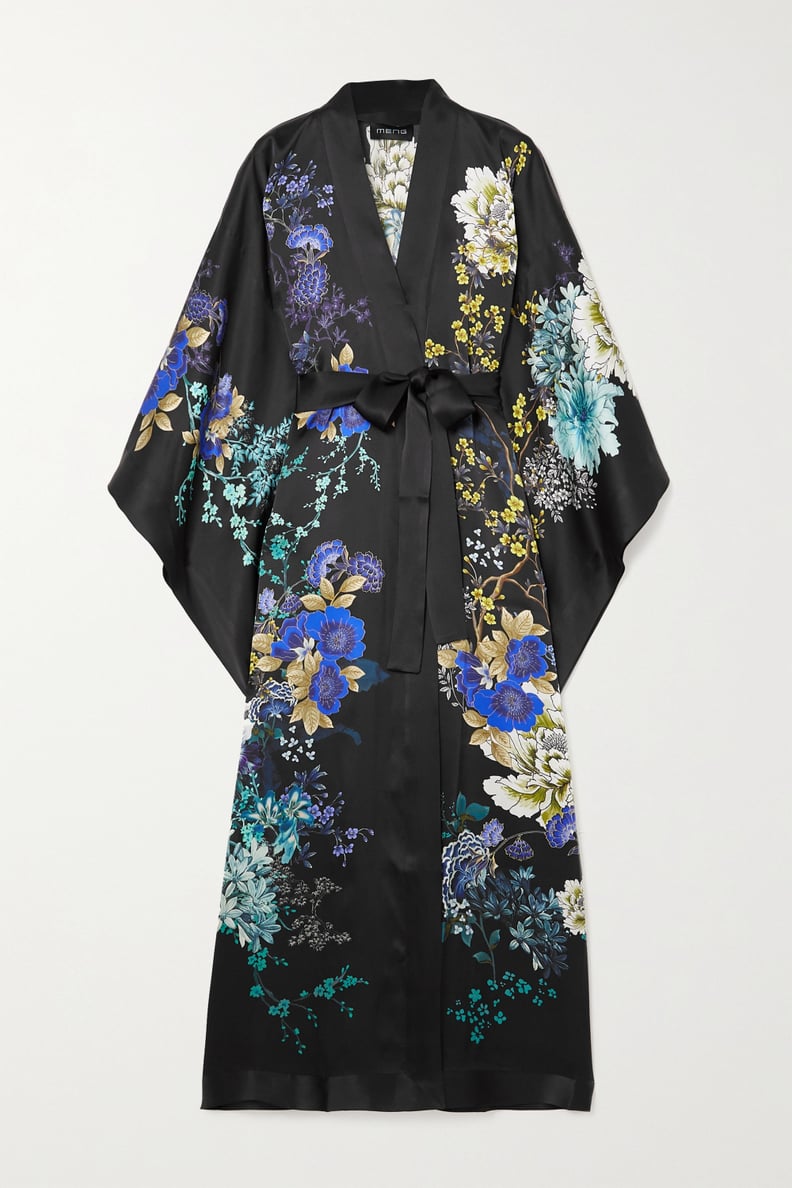 Meng Black Belted Floral-Print Silk-Satin Robe
