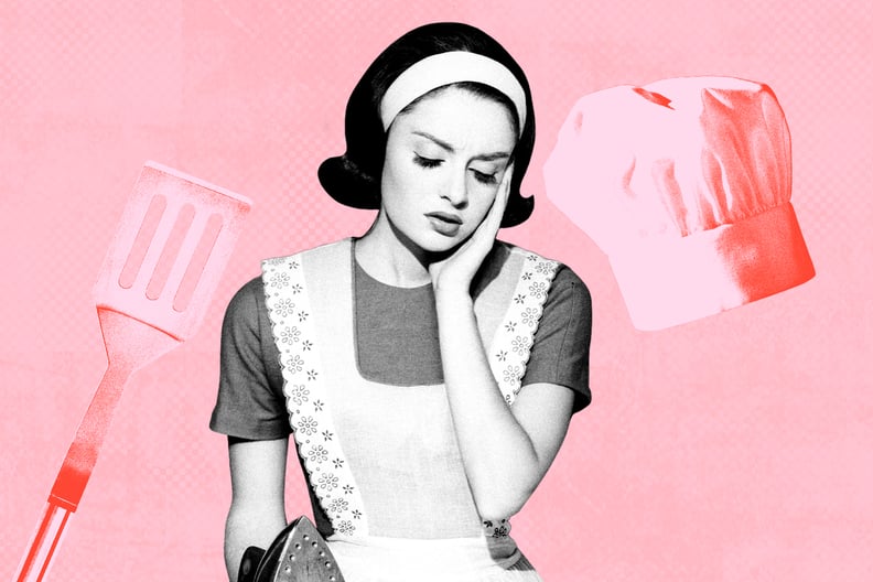 A tradwife in an apron does some ironing in front of a collage of a chef hat and spatula.