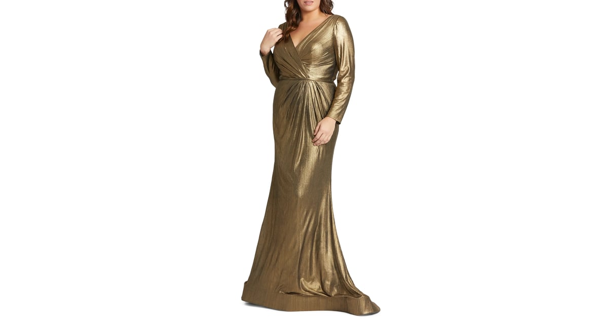 A Metallic Gown Mac Duggal Metallic Long Sleeve Faux Wrap