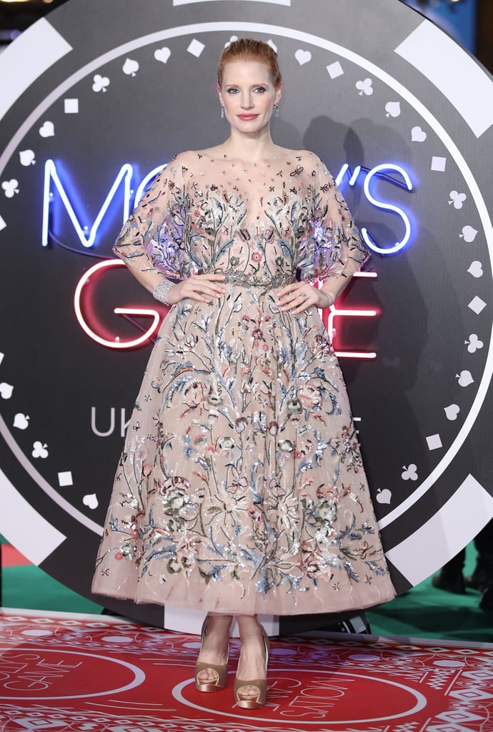 She wore a Zuhair Murad embellished gown to the 2017 premiere of Molly's Game in London, England.