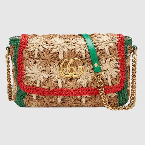 GG Marmont Raffia Small Shoulder Bag in Beige and Green