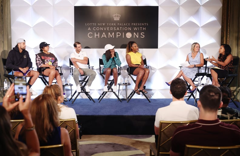 NEW YORK, NEW YORK - AUGUST 25: (L-R) Nick Kyrgios, Naomi Osaka, Rafael Nadal, Venus Williams, Serena Williams, Dylan Dreyer and Sheinelle Jones attend A Conversation With Champions presented by Lotte New York Palace at Lotte New York Palace on August 25,