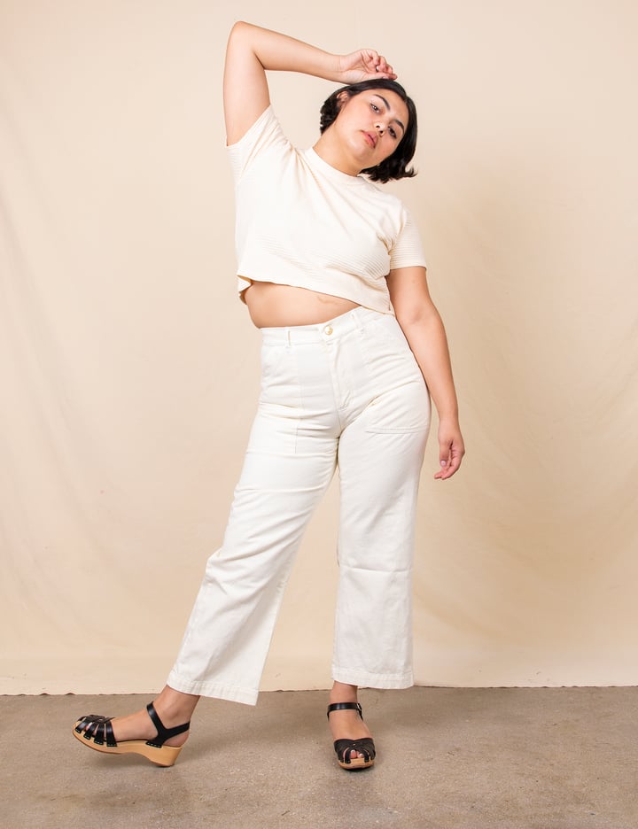 "I love the thicker fabric of a work pant during the winter months, and I'm a big fan of Big Bud, which is a gender-neutral clothing brand that offers unisex sizing. While I love the Big Bud Work Pants in Vintage Tee Off-White ($85), they come in so many different colors, so I highly recommend you scope them all out."