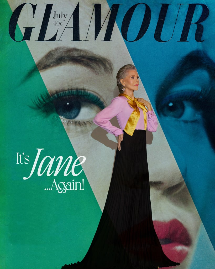 Jane Fonda in front of her 1959 cover in a vintage Gucci dress for Glamour.