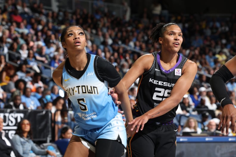CHICAGO, IL -  MAY 25: Angel Reese #5 of the Chicago Sky plays defense during the game  during the game against Alyssa Thomas #25 of the Connecticut Sun on May 25, 2024 at the Wintrust Arena in Chicago, IL. NOTE TO USER: User expressly acknowledges and ag