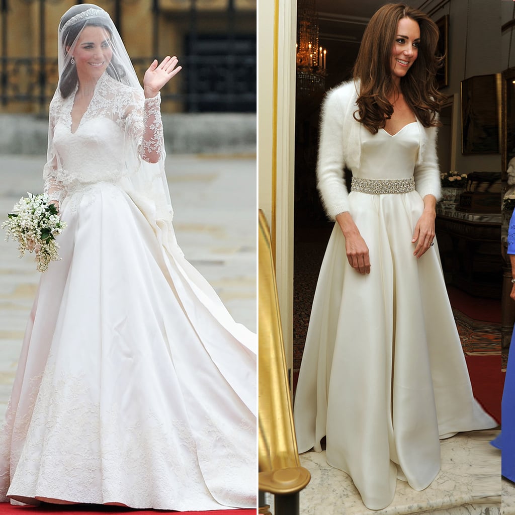 Technically this is two different looks, but since they were worn the same day, and both designed by Sarah Burton for Alexander McQueen, let's just count them as one. Okay? For the biggest day in our her life, Kate Middleton dazzled in an angelic princess gown, then partied the night away in a white satin gazar and strapless silhouette, embellished with silver diamante embroidery, topped with a soft white angora bolero cardigan .