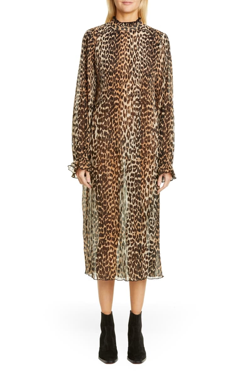 long sleeve animal print midi dress