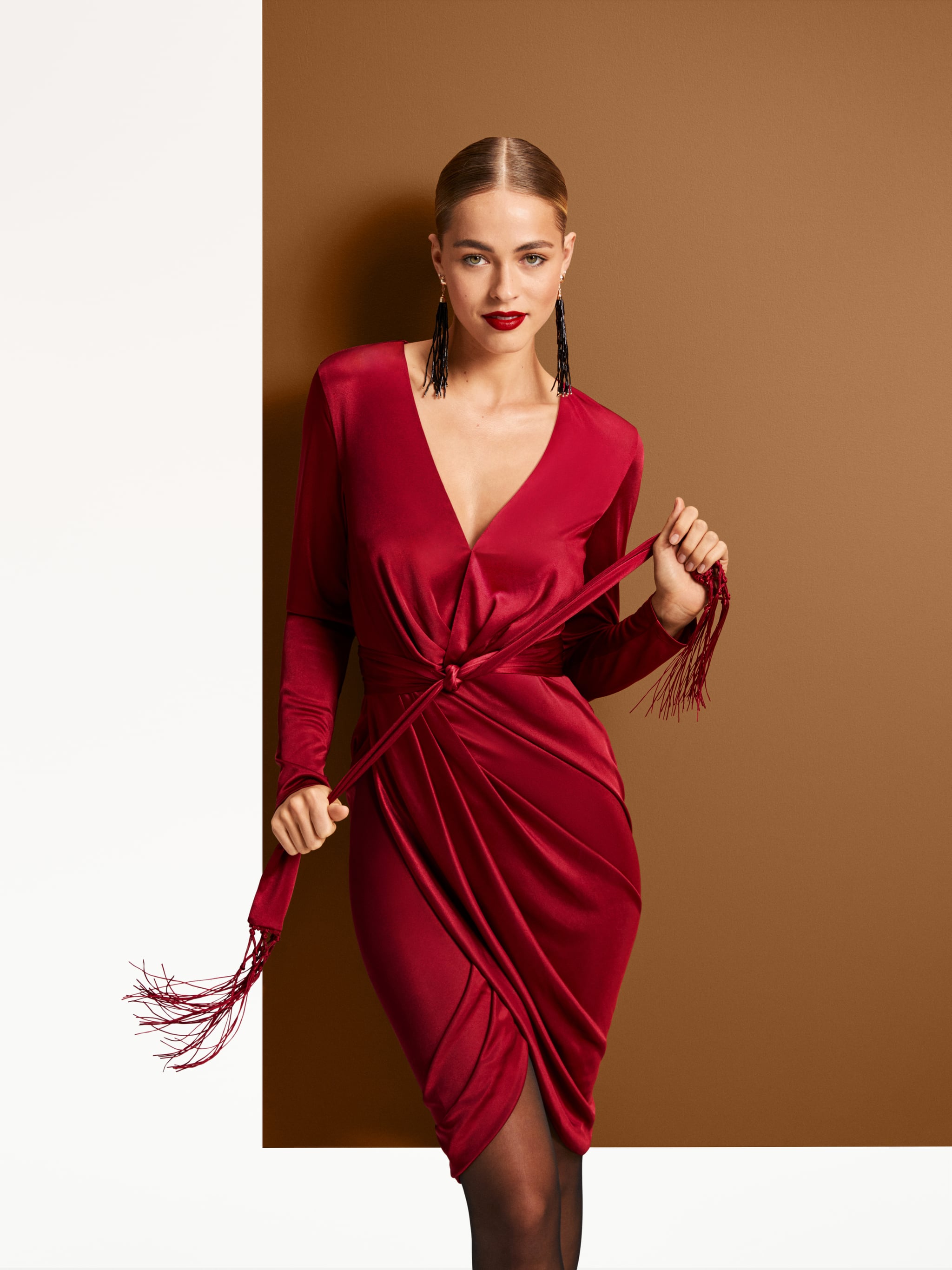 deep red wrap dress