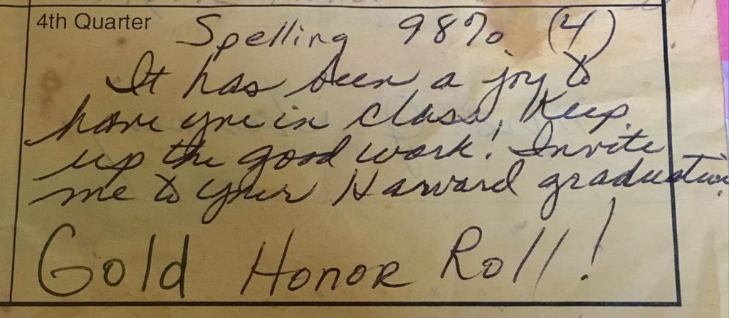 The 21-year-old report card, with a message from Ms. Toensing.