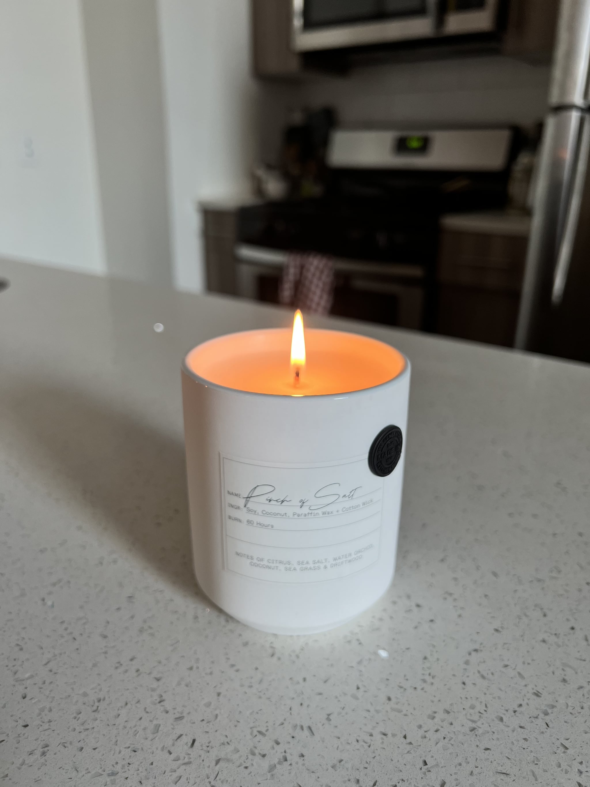 Made In Kitchen Candle in Pinch of Salt on kitchen countertop.
