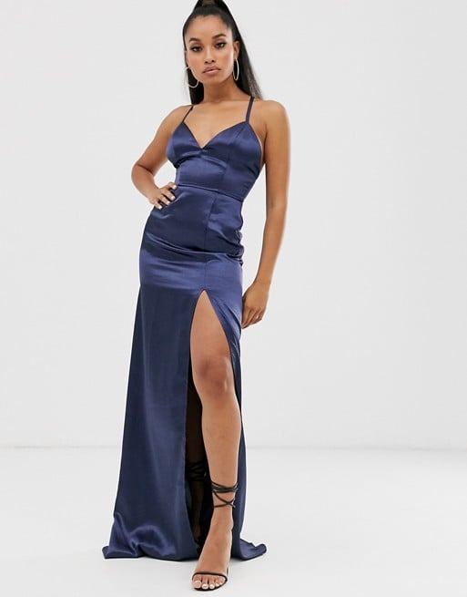 Club L London Petite Satin Plunge-Front Maxi Dress With High Thigh Split in Navy