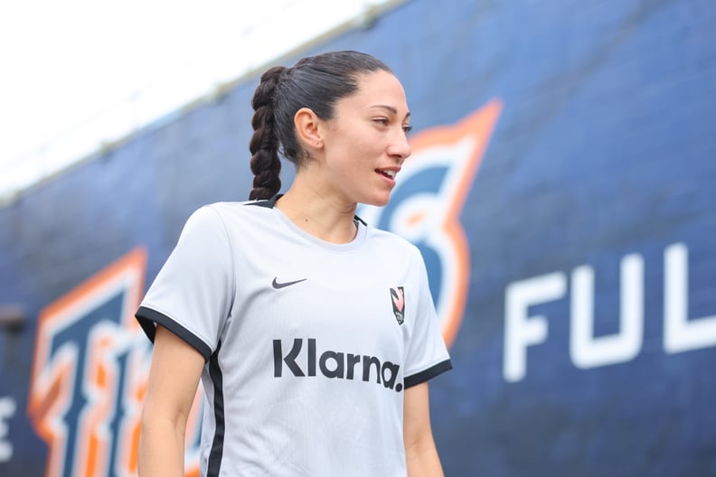 FULLERTON, CA - MARCH 19: Christen Press #23 of Angel City FC walks out for warmups before a game between San Diego Wave FC and Angel City FC at Titan Stadium on March 19, 2022 in Fullerton, California. (Photo by Jenny Chuang/ISI Photos/Getty Images)