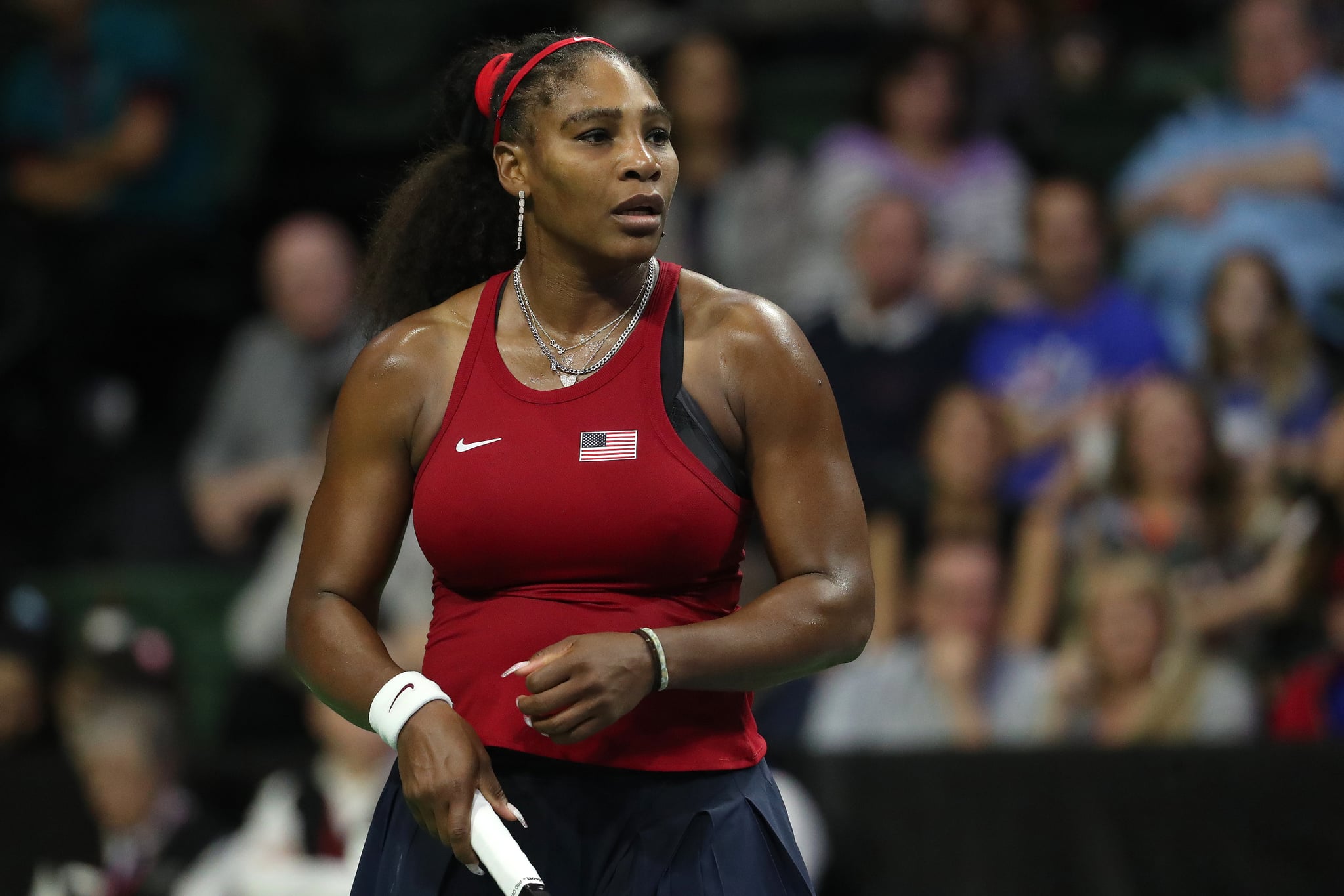 EVERETT, WASHINGTON - FEBRUARY 08: Serena Williams of USA reacts while competing against Anastasija Sevastova of Latvia during the 2020 Fed Cup qualifier between USA and Latvia at Angel of the Winds Arena on February 08, 2020 in Everett, Washington. (Photo by Abbie Parr/Getty Images)