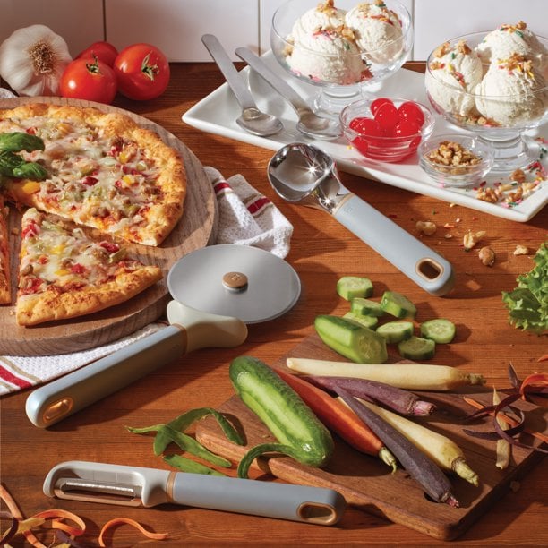 Beautiful Ice Cream Scoop, Pizza Cutter, and Peeler in Grey Smoke by Drew Barrymore