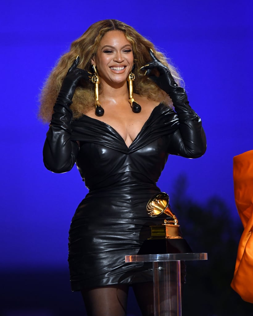 Beyonce Leather Dress At 2021 Grammys 