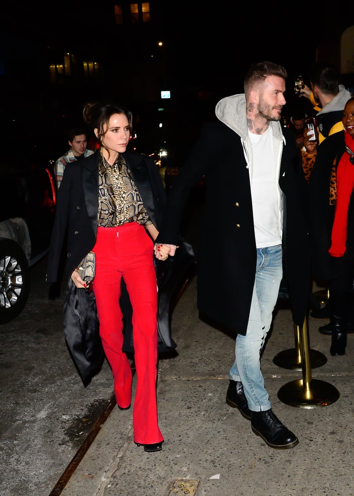 Victoria Beckham Red Pants and Snakeskin Blouse January 2019