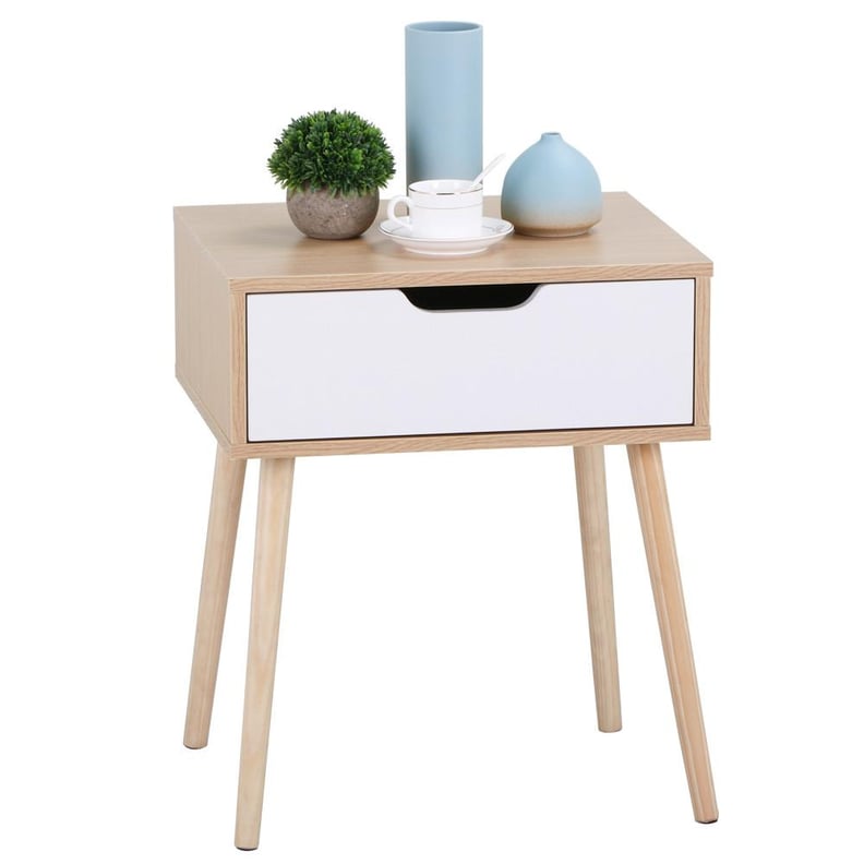 White/Brown Walnut Side End Table Nightstand With Storage Drawer