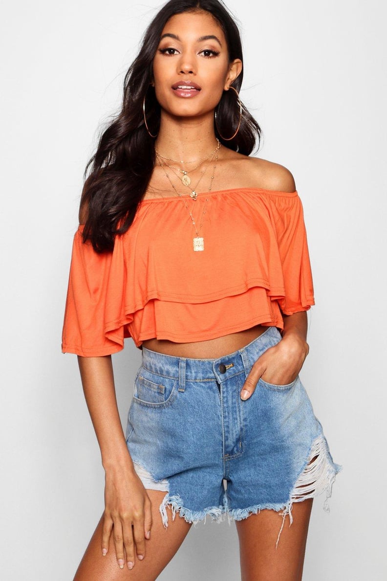 Boohoo Off The Shoulder Frill Crop Top