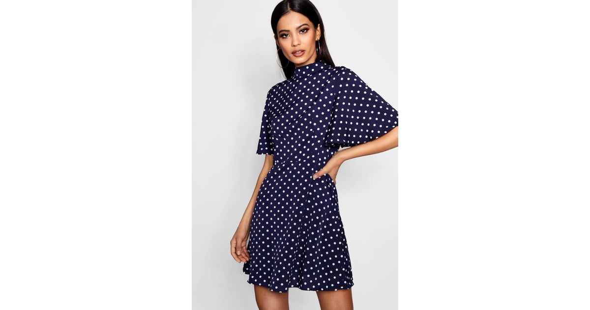 Boohoo Vera Polka Dot High Neck Skater Dress Kendall Jenner Navy 2697