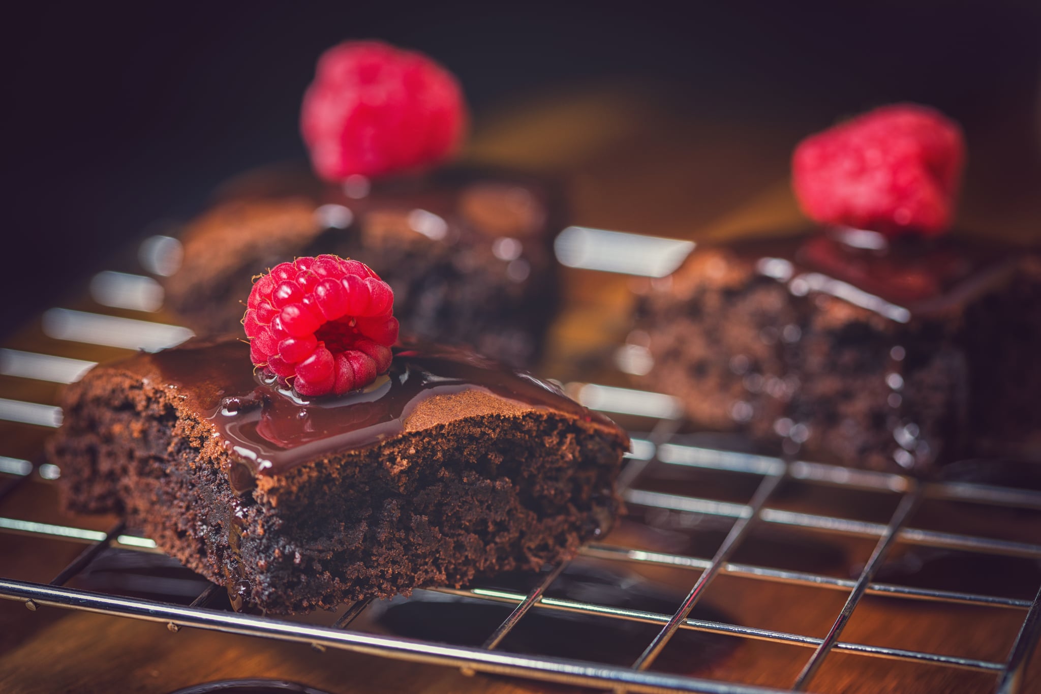 Freshly made chocolate brownies with raaspberries